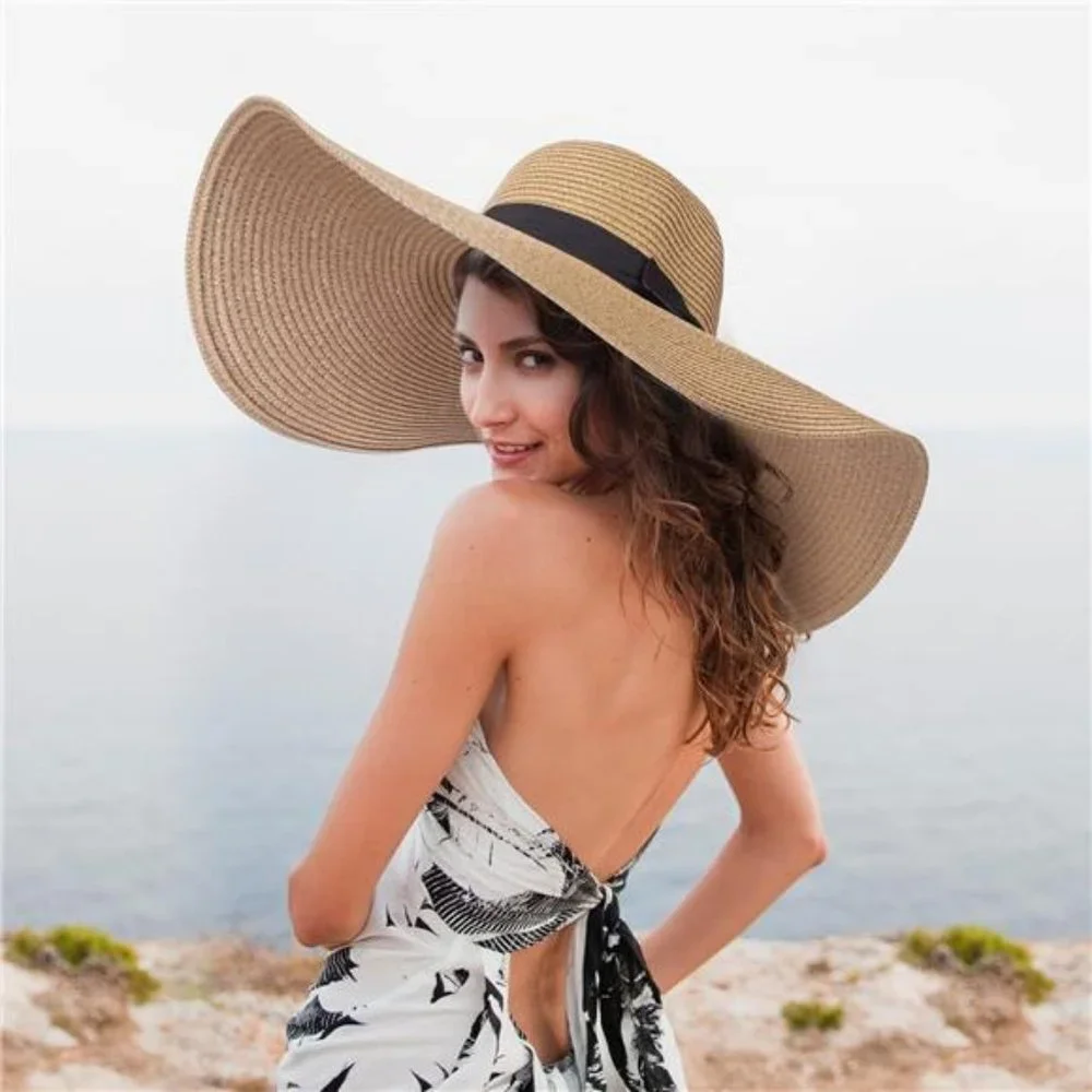 Womens Sun Hat UV Protection Wide Brim Beach Hat Floppy Foldable Straw Hats - Picture 2 of 7